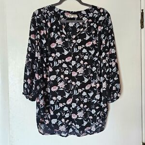 Pleione black floral 3/4 sleeves v-neck flowy blouse Size L